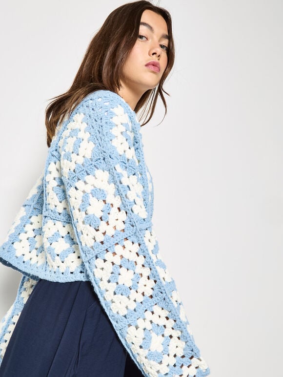 Hand-Knit Crochet Squares Cardigan, Blue, large