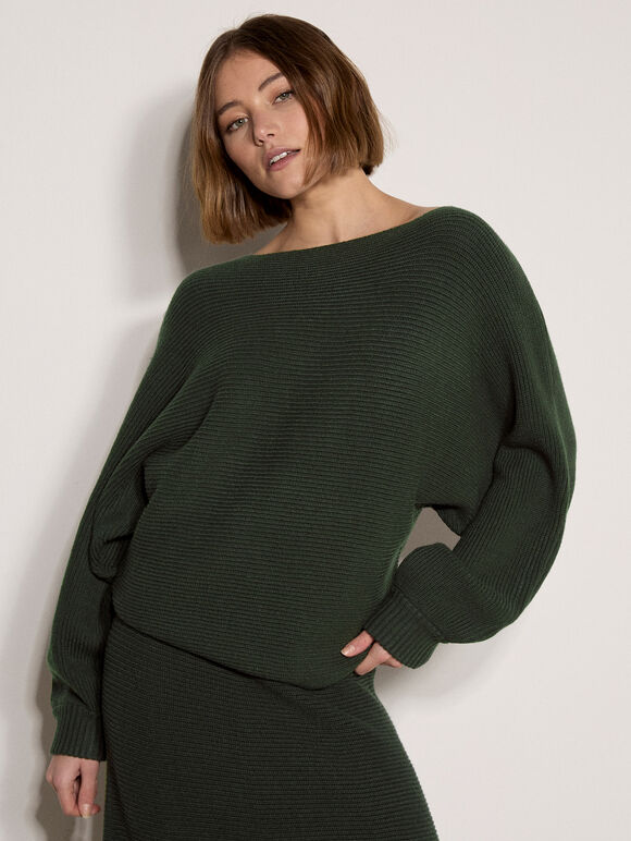 Ribbed Knit Batwing Jumper, Green, large