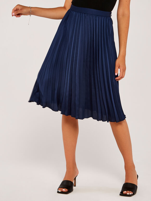Pleated Satin Crepe Skirt, Navy, large
