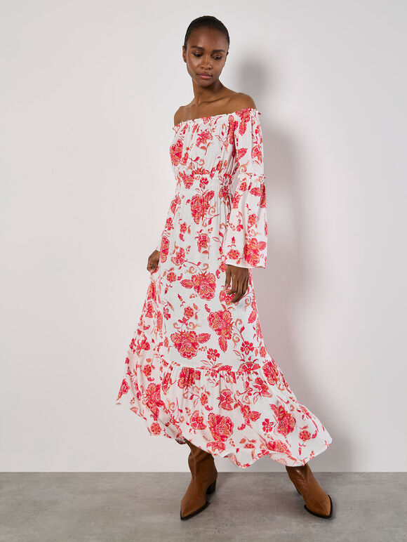 Floral Bardot Maxi Dress, Cream, large