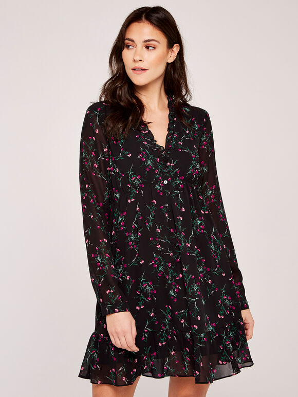 Watercolour Thistle Ruffle Dress, Black, large