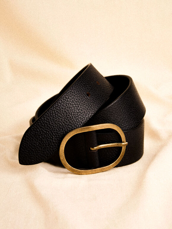 Leather Gold Buckle Belt, Black, large