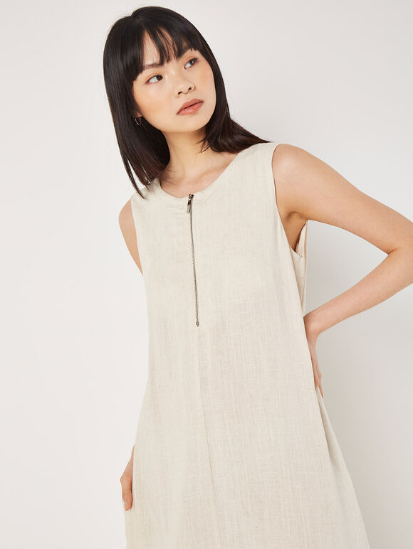 Linen Blend Zip Maxi Dress, Stone, large