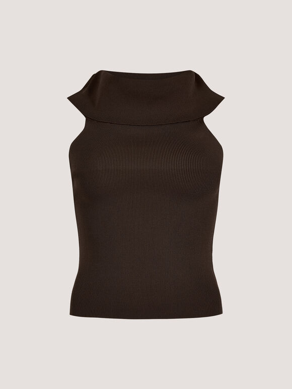 Rib Knit Bardot Top, Brown, large