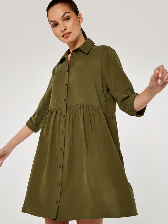 Tiered Shirt Dress, Green, large