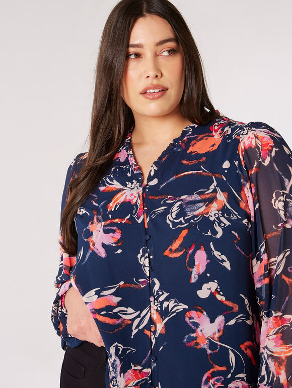 Curve Watercolour Floral Chiffon Blouse, Navy, large