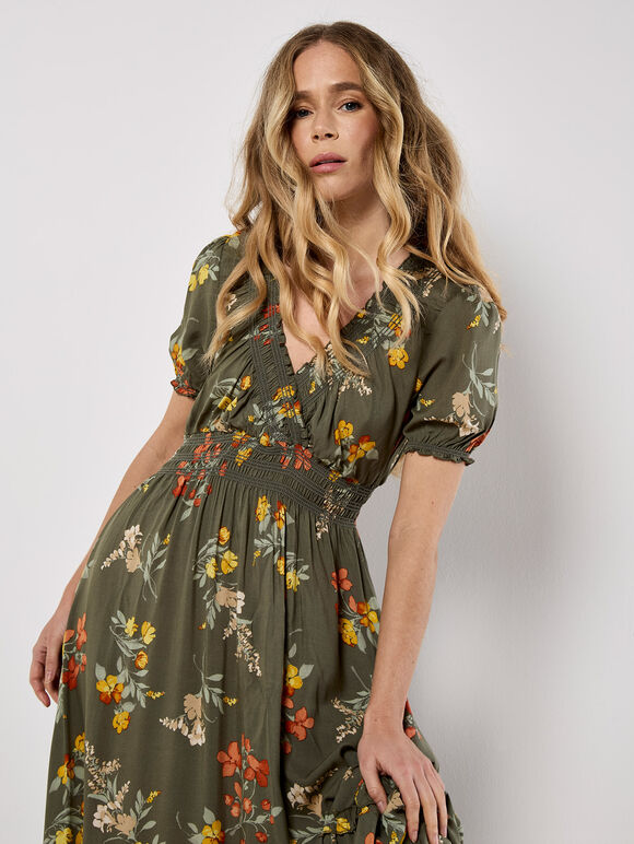 Watercolour Floral Maxi Dress, Khaki, large