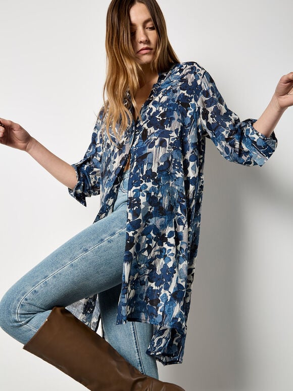 Paintbrush Floral Tunic Shirt, Navy, large