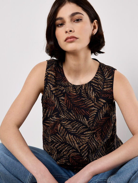 Batik Leaf Print Vest Top, Black, large