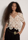 Floral Sequin Cotton Crochet Cardigan, Stone, large