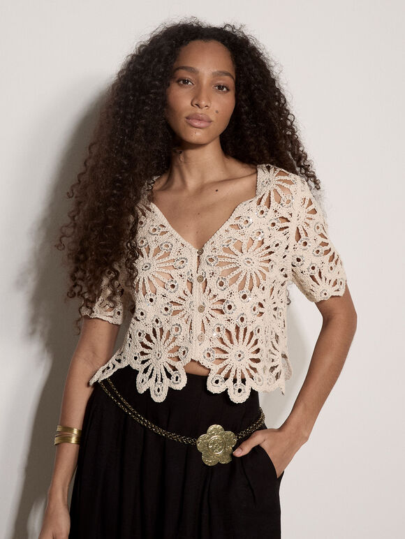 Floral Sequin Cotton Crochet Cardigan, Stone, large