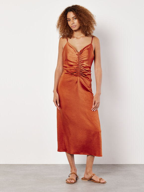 Ruched Satin A-Line Midi Dress, Orange, large