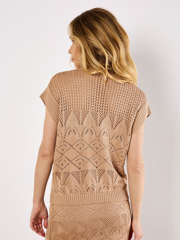 Mock Neck Pointelle Knit Top, Stone, large