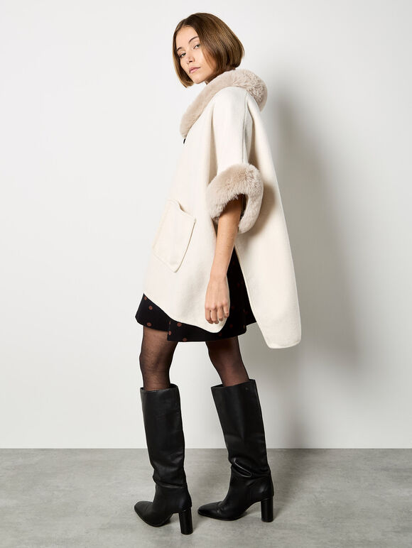 Faux Fur Trim Cape, Cream, large
