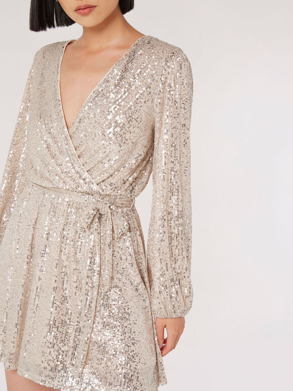 Sequin Wrap Mini Dress, Silver, large