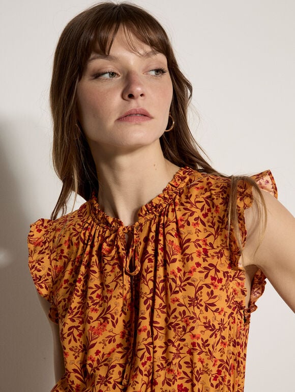 Ditsy Floral Ruffle Mini Dress, Mustard, large