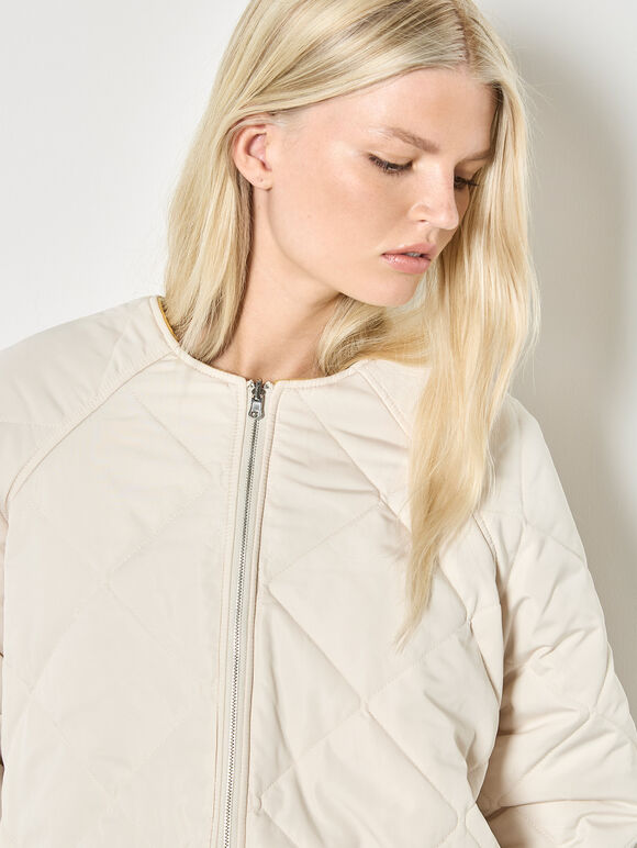 Reversible Check Fleece Quilted Jacket, Stone, large