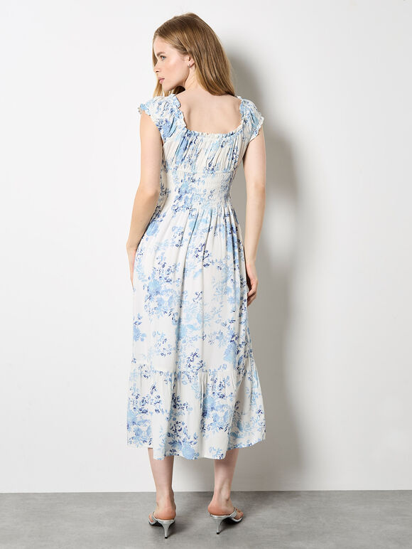 Floral Smocked Midi Dress, Cream, large