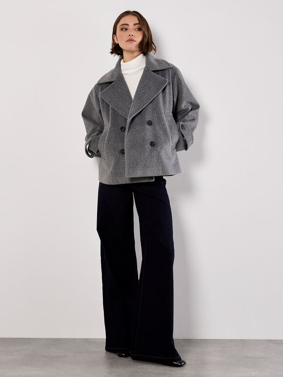 Tailored Short Peacoat Jacket, Dark Grey - Charcoal, large