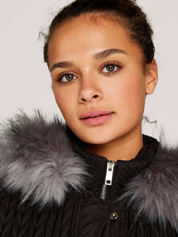 Black Quilted Chevron Fur Hood Jacket, Black, large
