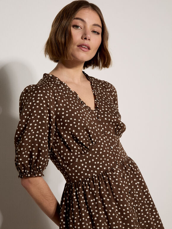 Polka Dot Ruffle Midi Dress, Brown, large