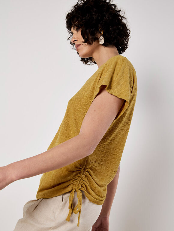 Textured Jersey Side Ruched T-Shirt, Mustard, large