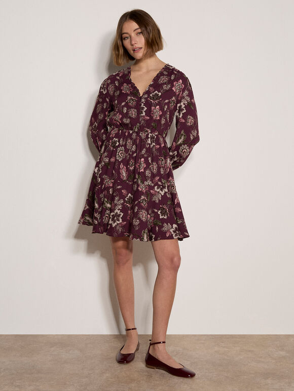 Floral Ruffle Mini Dress, Burgundy, large