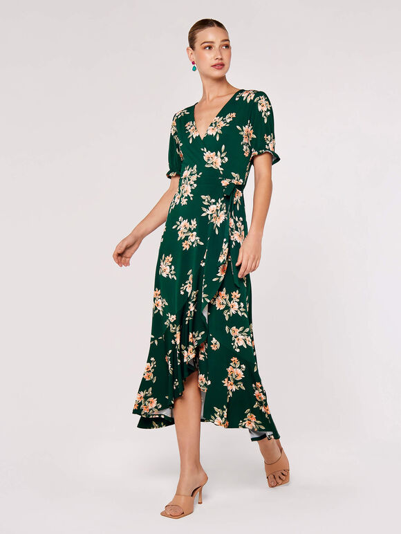 Floral Wrap Midi Dress, Green, large