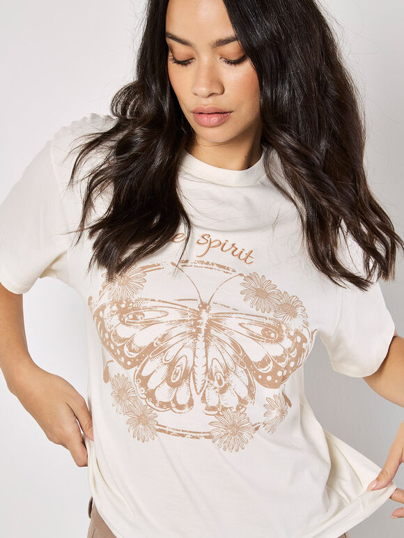 Free Spirit Embroidered Butterfly T-Shirt, Cream, large