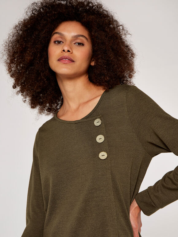 Button Long Sleeve Top, Khaki, large