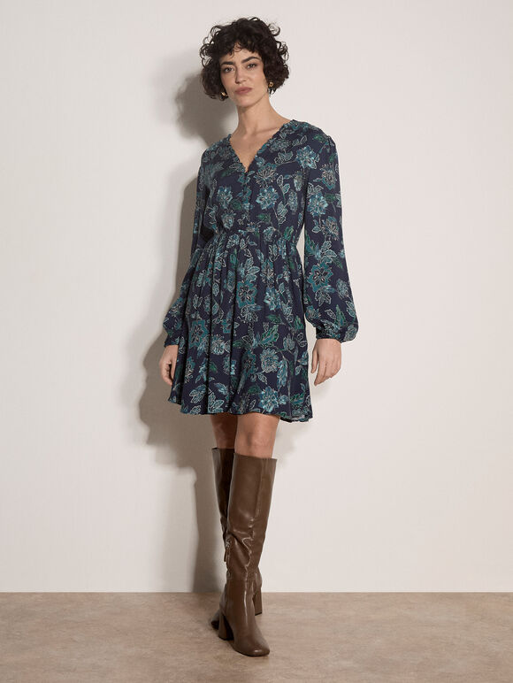 Folk Floral Mini Dress, Navy, large