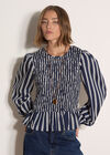 Shirred Bodice Stripe Top, Navy, large