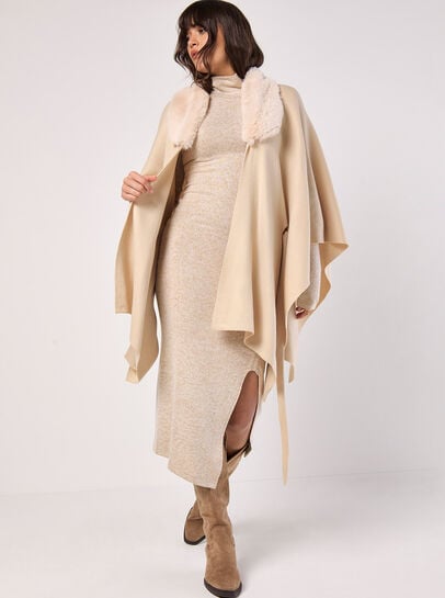 Faux Fur Collar Poncho