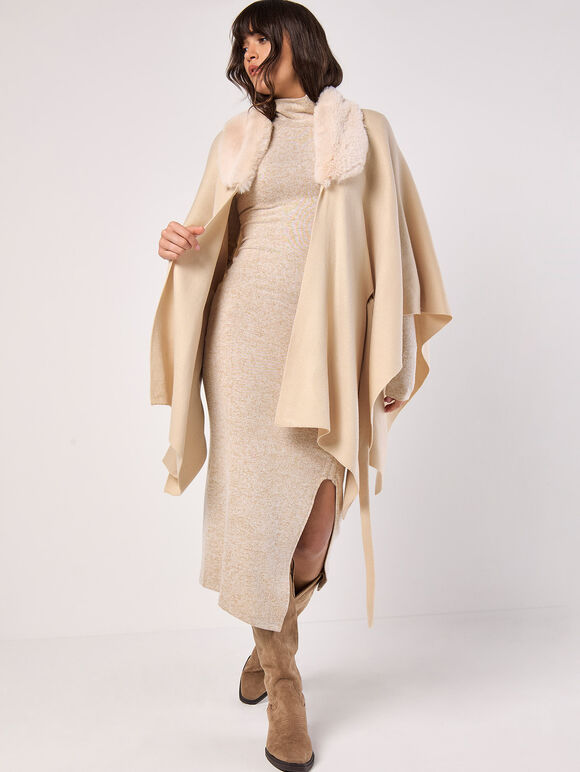 Faux Fur Collar Poncho, Stone, large