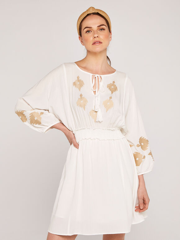 Embroidery Side Tie Dress, Cream, large