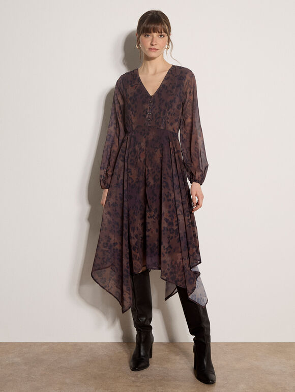 Leopard Print Chiffon Midi Dress, Brown, large