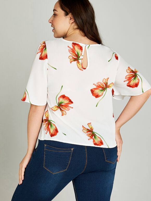 Kimono Sleeve Scattered Flower Top +, Orange, large