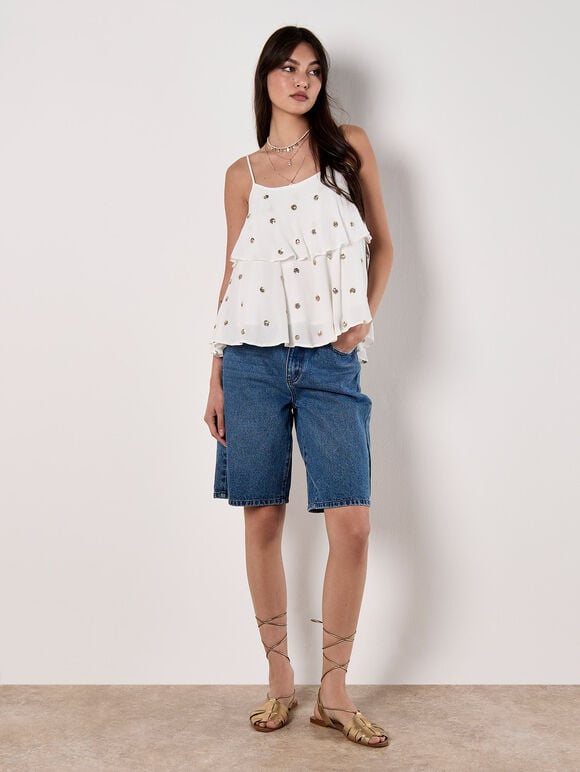 Sequin Spot Tiered Camisole Top, White, large