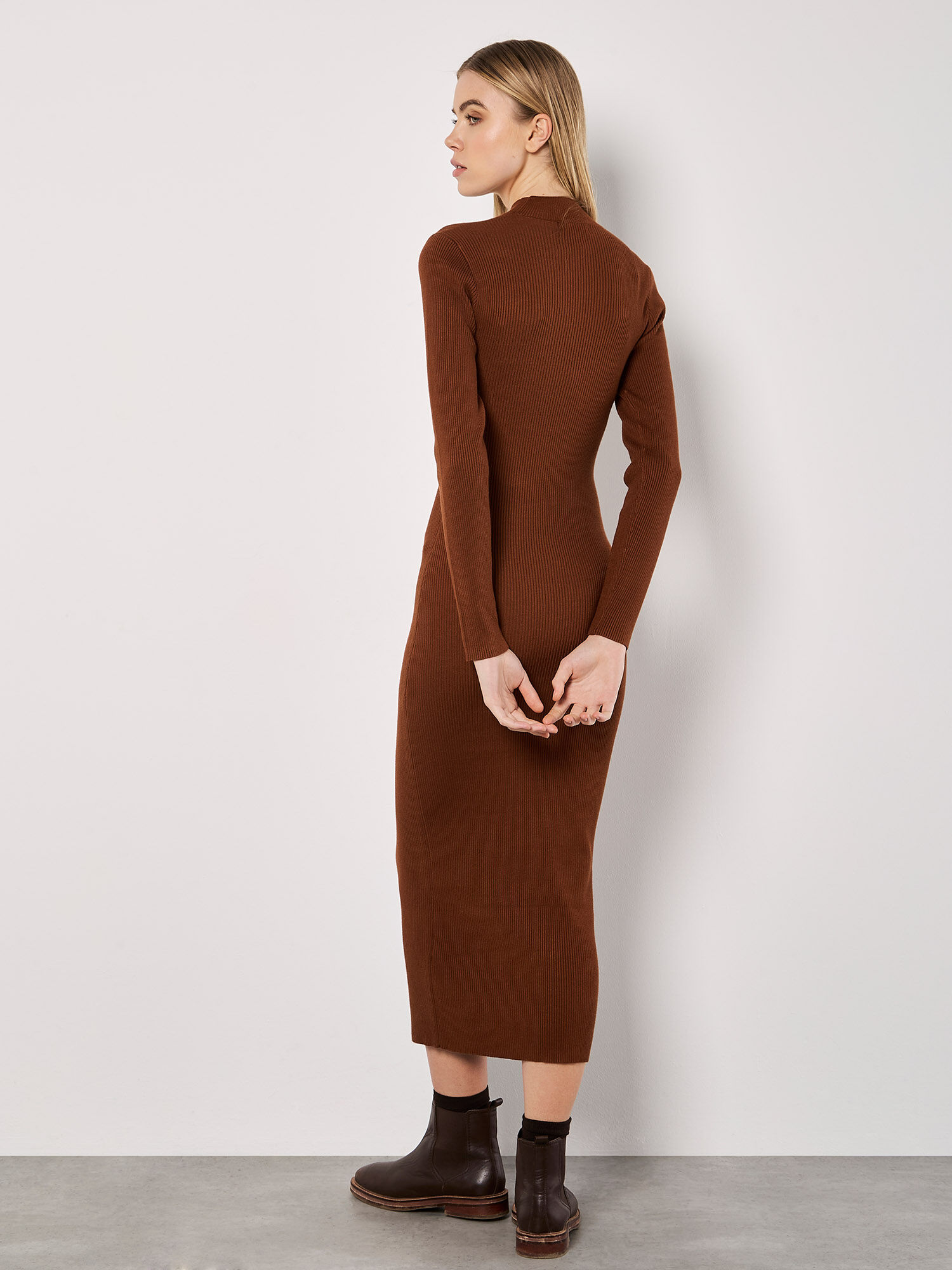 Ribbed Knit Midi Dress Apricot Clothing