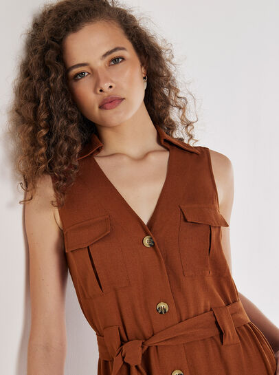 Linen Blend Utility Midi Dress