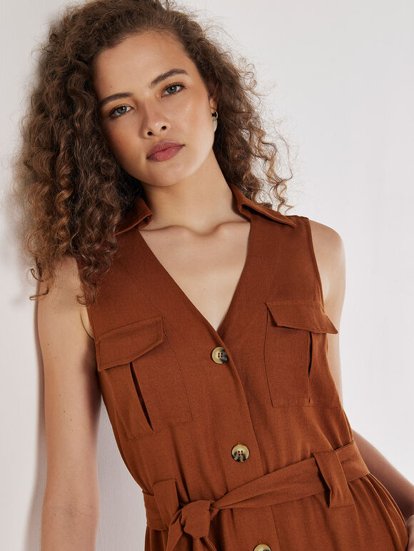 Linen Blend Utility Midi Dress, Rust, large