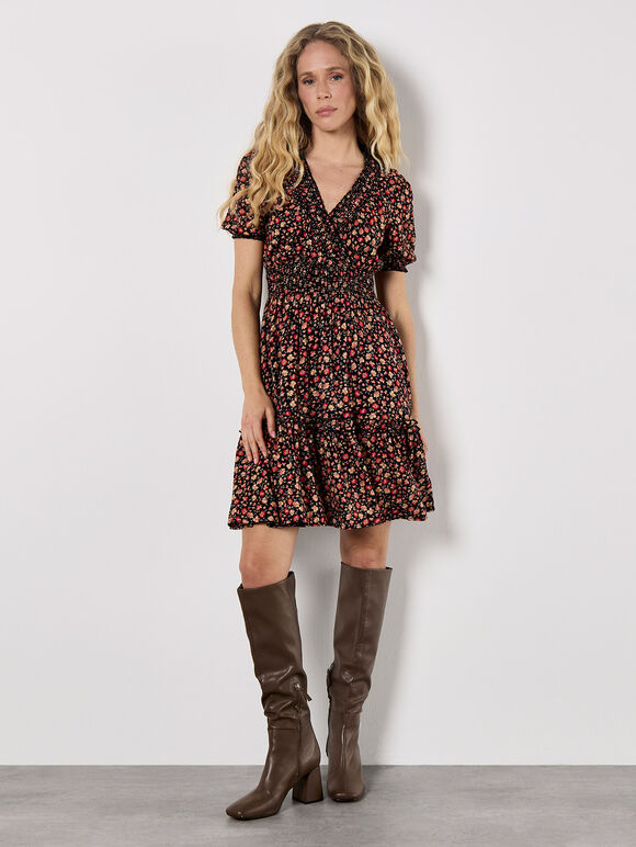 Ditsy Floral Smocked Mini Dress, Orange, large
