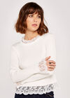 Lace Trim Ribbed Jumper, Cream, large