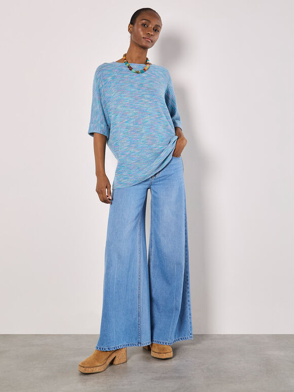 Multi-Coloured Waffle Knit Longline Top, Blue, large