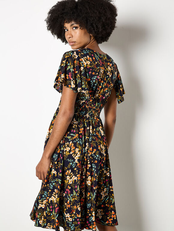 Botanical Floral Mini Dress, Navy, large