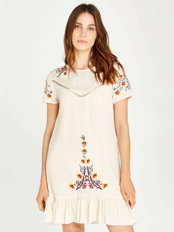 Embroidered Babydoll Hem Dress, Cream, large