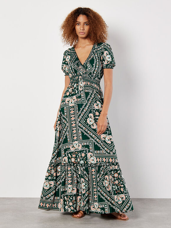 Scarf Print Smocked Maxi Dress, Green, large