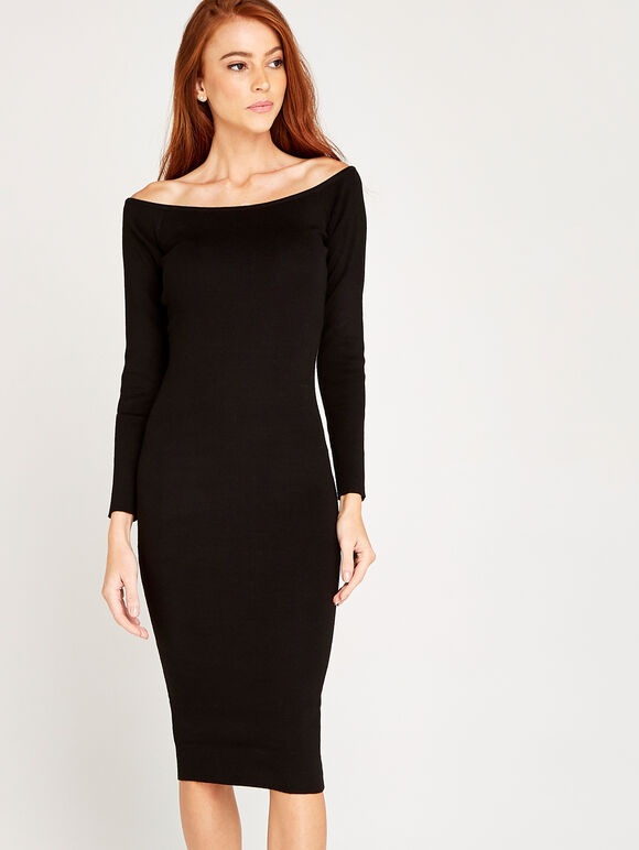 Bardot Bodycon Knit Dress, Black, large