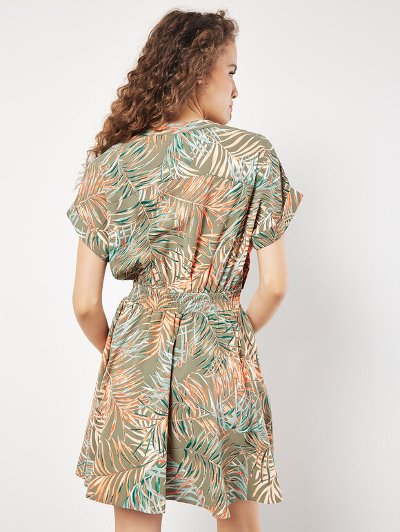 Tropical Leaf Print Smocked Mini Dress, Khaki, large