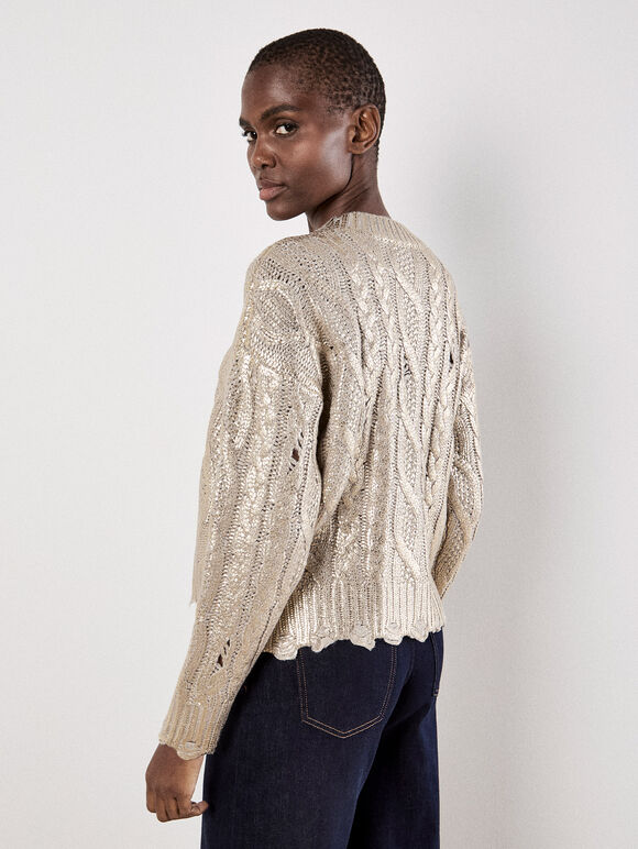 Distressed Gold Foil Metallic Cable Jumper, Gold, large